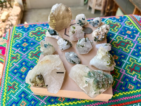 Green & Blue Tourmaline Quartz Lot, Unicorn Stone, 14 pcs (910g), Heart Chakra, Nature Spirits, Minas Gerais, Brazil WS245