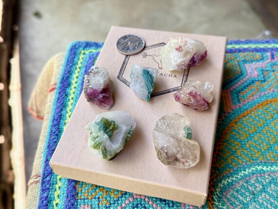 Green, Pink & Blue Tourmaline Quartz, 6 pcs, Unicorn Stone Lot with Colorful Inclusions, Coronel Murta, Minas Gerais, Brazil T133