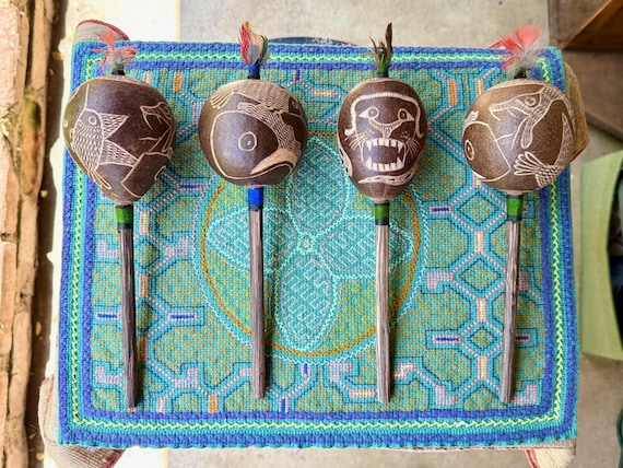 Shaman Rattle from Peru - Jaguar, Snake, Condor & Hummingbird, Traditional Shipibo Rattle for Shamanic Plant Medicine Ceremony