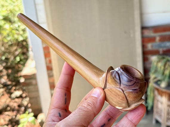 Shaman Pipe with Flower, Traditional Solid Wood Tobacco Pipe for Shamanic Ceremony, Hand Carved from Natural Tropical Hardwood