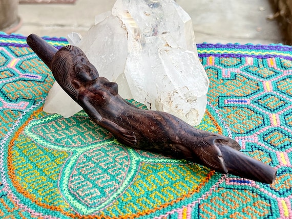 Mermaid Tepi, Traditional Shamanic Applicator Pipe, Hand Carved from Solid Tropical Hardwood