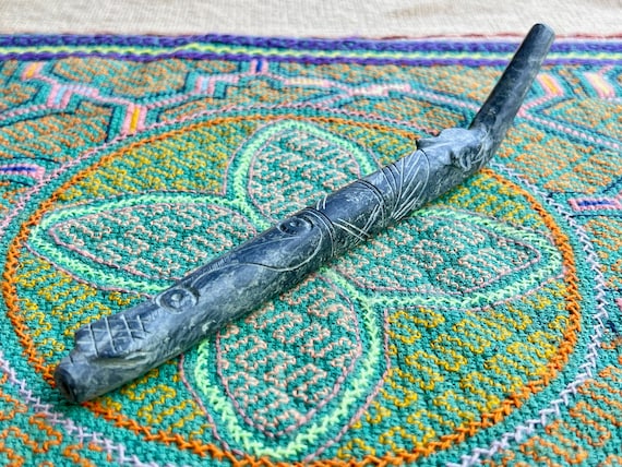Stone Tepi Pipe, Andean Carved Stone Puma and Serpent Tepi, Shamanic Applicator Pipe Handmade in Peru