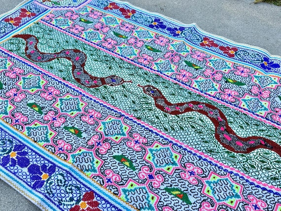 Shipibo Manta Cloth with Snakes, 24" x 39", Traditional Mesa Cloth for Shamanic Ceremony, Handmade in Pucallpa, Peru
