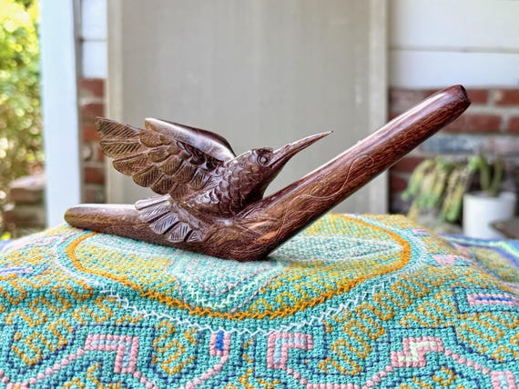 Hummingbird Totem Tepi Pipe, Natural Wood Tepi with Wonderful Detail, Hand Carved from a Single Piece of Dark Tamarind Wood