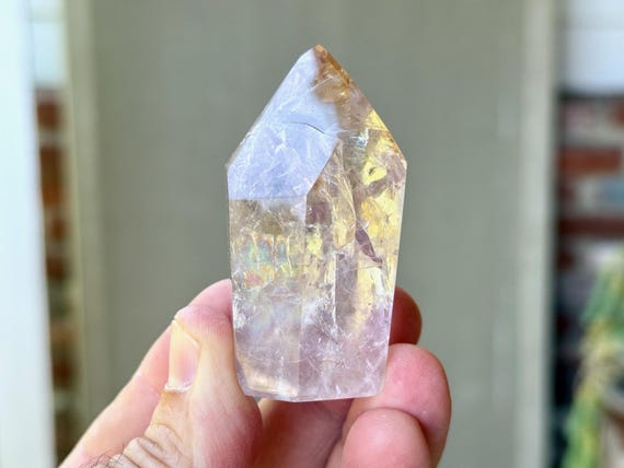 Powellite Phantom Quartz with Ametrine, UV Reactive & Self-Standing, 92g, New Find, Channeling Formation with Rainbows, Bahia, Brazil T221