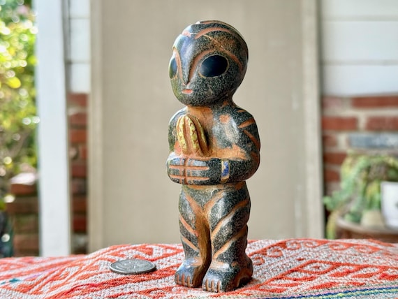 Extraterrestrial Alien Statue with Cactus, Hand Carved from Sacred Mountain Stone in Peru's Sacred Valley