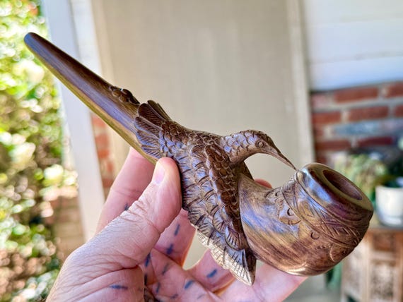 Hummingbird Pipe, Traditional Wooden Tobacco Pipe for Shamanic Ceremony, Hand Carved from Natural Tropical Hardwood