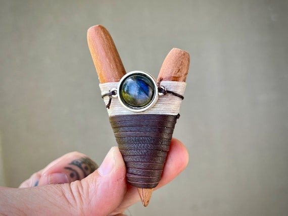 Kuripe with Labradorite, Handcrafted Shamanic Applicator Pipe, Traditional Wood Kuripe