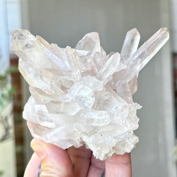 Lemurian Quartz "Starburst" Crystal with Pale Pink Hue, 396g, Old Find, Self-Standing, Serra do Cabral, Minas Gerais, Brazil W177