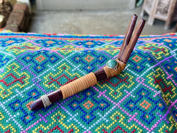 Double Tepi Pipe, Traditional Shamanic Applicator, Handmade Wooden Tepi with Chrysocolla
