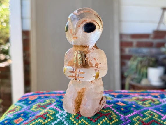 Quartz Crystal Extraterrestrial Alien with Cactus, Hand Carved from Native Peruvian Quartz, Artist Ruben Layme