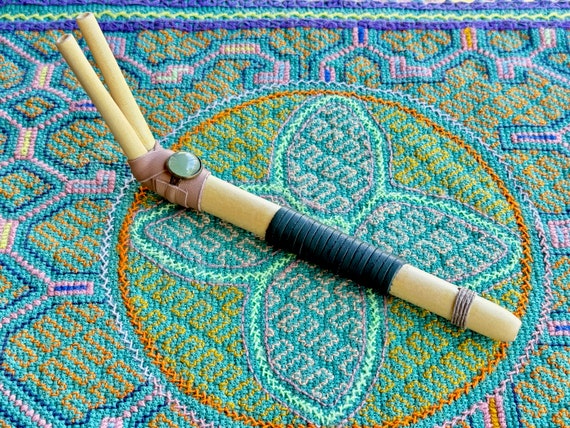 Double Tepi Pipe with Green Aventurine, Handcrafted Natural Light Wood Double Tepi, Shamanic Applicator