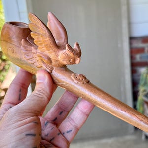 Shaman Owl Pipe, Traditional Wood Tobacco Pipe for Shamanic Ceremony, Hand Carved Ceremonial Pipe