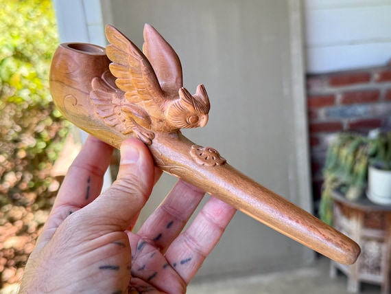 Shaman Owl Pipe, Traditional Wood Tobacco Pipe for Shamanic Ceremony, Hand Carved Ceremonial Pipe