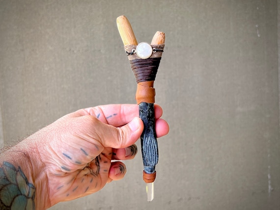 Kuripe, Stone and Wood Kuripe with Eagle Head, Moonstone and Lemurian Quartz, ceremonial shamanic self-applicator pipe