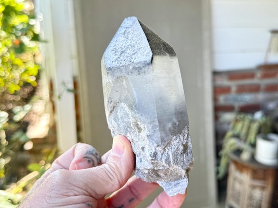 Black Phantom Lemurian Quartz with White Frosted Main Facet, 550g, New Find, Detoxification, Root Chakra, Bahia, Brazil W643