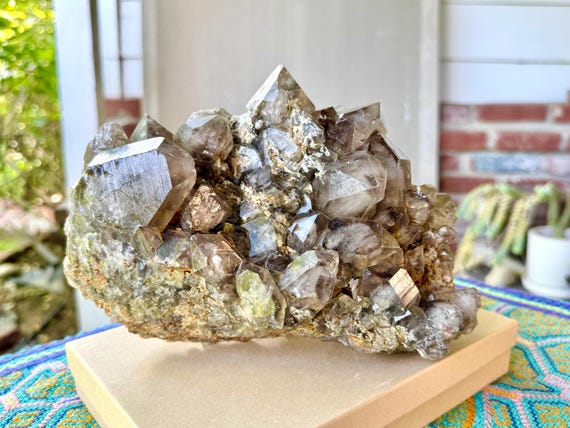 Smoky Quartz Cluster with White Phantoms & Yellow Sulfite Inclusions, Self-Standing, 3 Kilo, Minas Gerais, Brazil X817