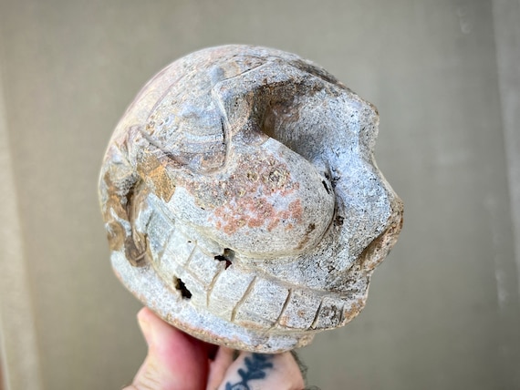 Peruvian Stone Skull, Stone and Quartz Crystal Skull Geode from Peru, Rare Old Stock, Crystal Skull Carving, Made in Cusco, Peru PS17