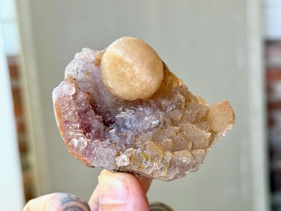 Botryoidal Yellow Fluorite on Amethyst, 141g, Natural Formation, Self-Standing, India W883