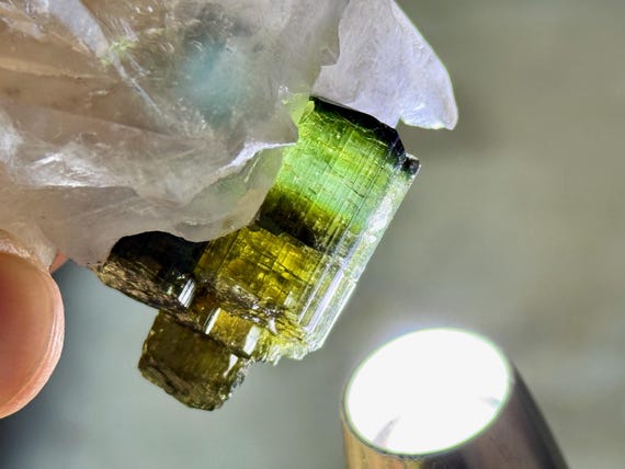 Elestial Quartz with Multicolor Tourmaline, Yellow, Blue & Green, 420g, Coronel Murta, Minas Gerais, Brazil V307