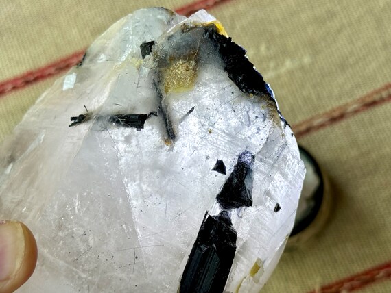 Quartz Crystal with Dark Blue-Black Tourmaline, 890g, Old Find, Aracuai, Minas Gerais, Brazil W315