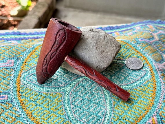 Shipibo Pipe with Snake, Hand Carved Wooden Tobacco Pipe for Shamanic Ceremony, Made in the Peruvian Amazon