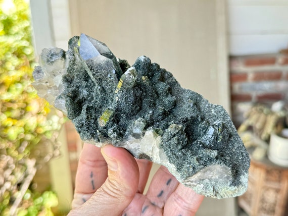 Green Chlorite Himalayan Quartz, Self-Standing, 552g, High Altitude Quartz, Heart Chakra Crystal for Purification, India W195