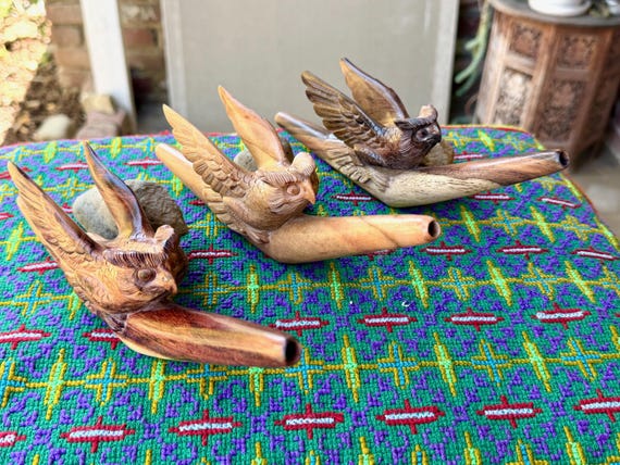 Owl Tepi Pipe, Traditional Shamanic Applicator Pipe, Hand Carved from Native Tropical Hardwood