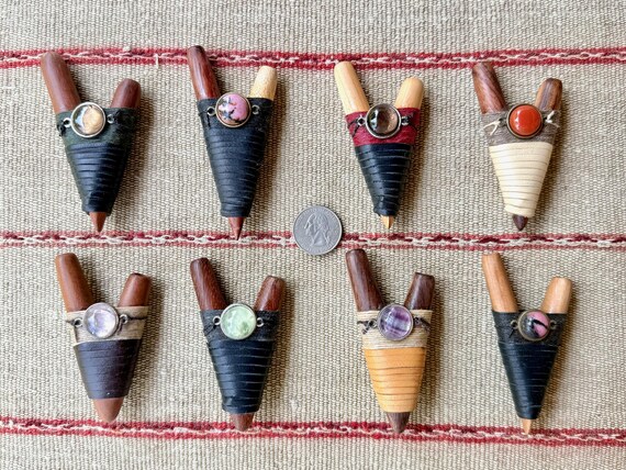 Kuripe Pipe with Gemstone & Leather Wrapping, Choice of 8 Different Styles, Solid Wood, Traditional Shamanic Self-Applicator Pipe