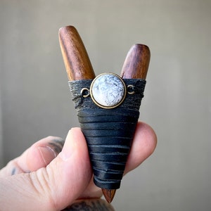 Kuripe, Natural Dark Wood Kuripe with Dendritic Opal, Handcrafted Shamanic Self-Applicator Pipe