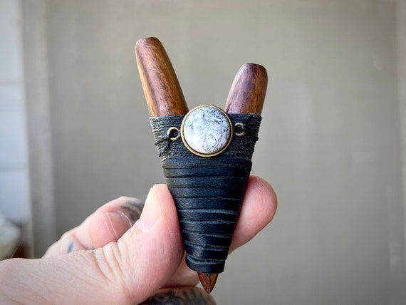 Kuripe, Natural Dark Wood Kuripe with Dendritic Opal, Handcrafted Shamanic Self-Applicator Pipe