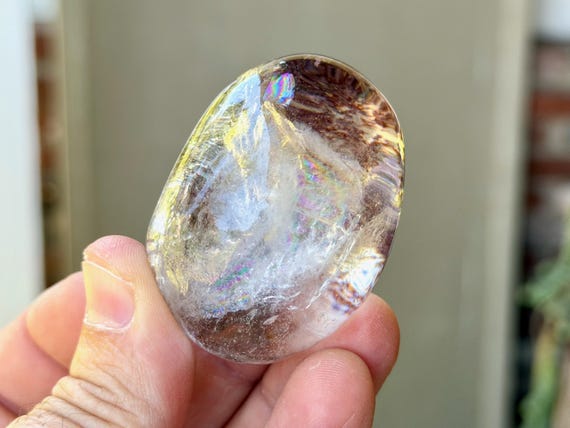 Red Hematite Quart Lens with Rainbows, Water Clear, 106g, Polished Lodolite Quartz Palm Stone, Minas Gerais, Brazil A900