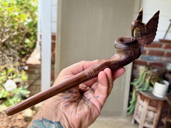 Hummingbird Pipe, Traditional Wooden Tobacco Pipe for Shamanic Ceremony, Hand Carved from Tropical Hardwood