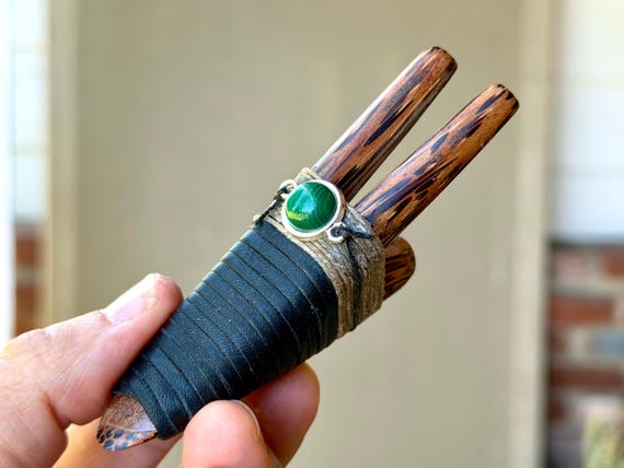 Double Kuripe Pipe with Malachite, Traditional Shamanic Applicator, Hand Crafted from Natural Coconut Wood
