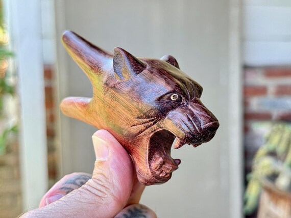 Jaguar Kuripe, Solid Wood Puma Kuripe Hand Carved from a Single Block of Dark Tamarind Wood, Shamanic Applicator Pipe