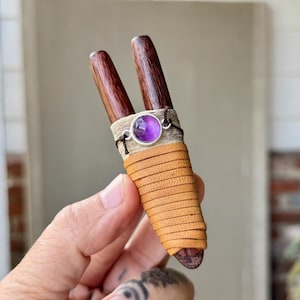 Double Kuripe with Amethyst, Traditional Shamanic Applicator Pipe, Hand Crafted from Natural Dark Tamarind Wood