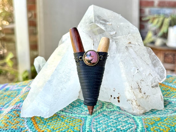 Kuripe with Pink Rhodonite, Traditional Wood Kuripe, Handcrafted from a Single Block of Two-Tone Hardwood, Shamanic Applicator Pipe