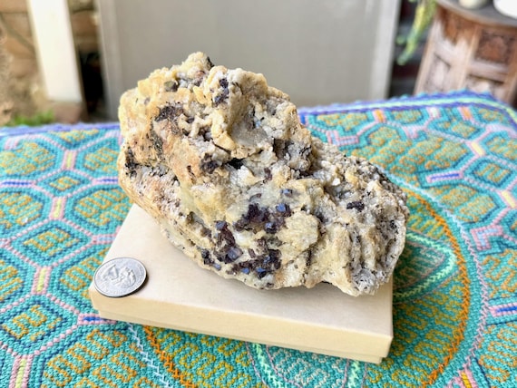Orthoclase Feldspar with Purple Fluorite, Self-Standing Crystal, 916g, Rare Find, Divino Das Laranjeiras, Minas Gerais, Brazil W719
