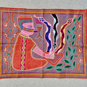 Shipibo Manta Tapestry by Maestra Mathilde, 29&quot; x 22&quot;, Shaman with Medicine Serpents, Embroidered Manta Cloth for Shamanic Ceremony