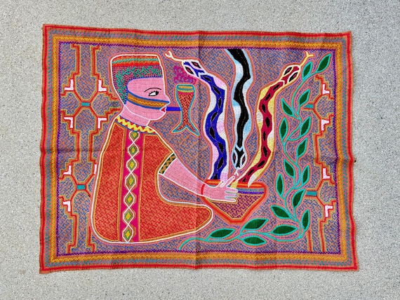 Shipibo Manta Tapestry by Maestra Mathilde, 29" x 22", Shaman with Medicine Serpents, Embroidered Manta Cloth for Shamanic Ceremony