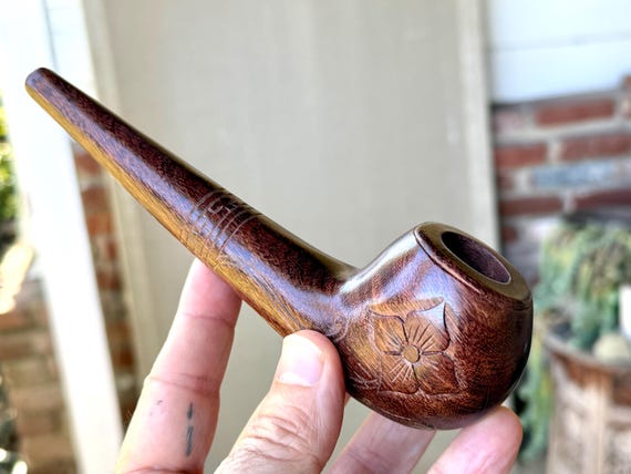 Tobacco Pipe with Flower & Vine, Traditional Shamanic Pipe for Ceremony, Hand Carved from Natural Tamarind Wood