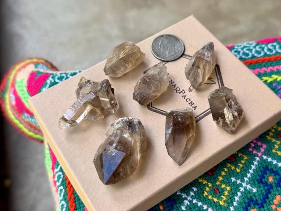 Smoky Quartz with Growth Interference Lot, 7 pcs, GIQ Crystals, Trauma Healing, Minas Gerais, Brazil B005