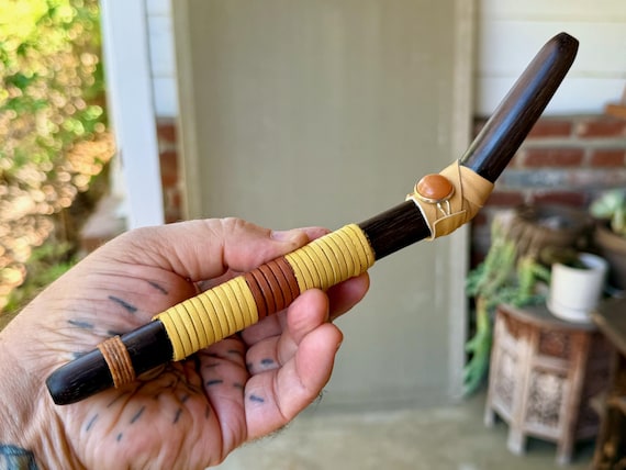 Tepi Pipe with Orange Aventurine, Traditional Shamanic Applicator Pipe, Handcrafted from Dark Tropical Wood