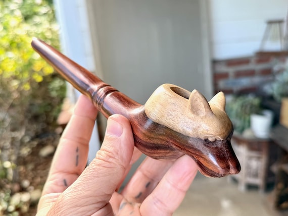 Jaguar Shaman Pipe, Traditional Wooden Tobacco Pipe for Shamanic Ceremony, Hand Carved from Natural Two-Tone Wood