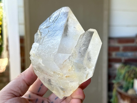 Trigonic Dissolution Quartz, Self-Standing & Double Terminated, 814g, Mother and Child Formation, Francisco Sa, Minas Gerais, Brazil V153