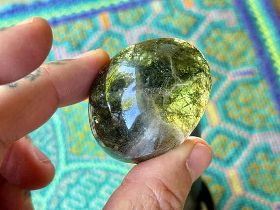 Green Chlorite Quartz Lens, 80g, Polished Lodolite Garden Quartz, Nature Spirits & Purification, Minas Gerais, Brazil S579