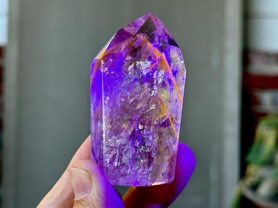 Powellite Phantom Quartz with Ametrine, UV Reactive & Self-Standing, 103g, New Find, Channeling Formation, Bahia, Brazil T264