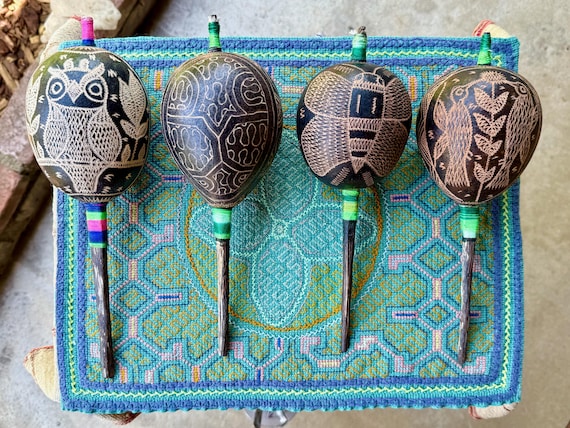 Shaman Rattle from Peru, Choose Hummingbird, Butterfly, Owl or Traditional, Handmade Shipibo Rattle for Shamanic Plant Medicine Ceremony