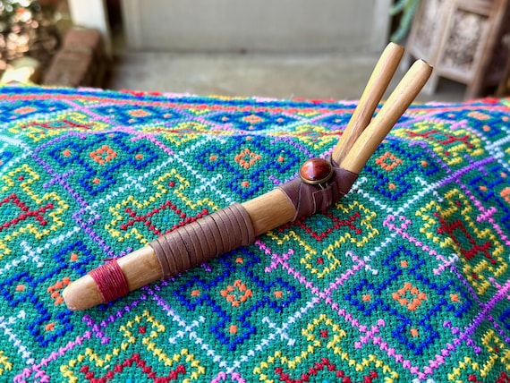 Double Tepi Pipe, Traditional Shamanic Applicator, Handmade Teak Wood Tepi with Red Tiger's Eye