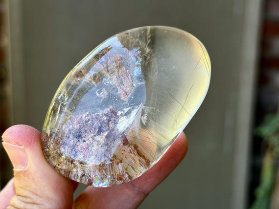 Lodolite Quartz Lens, Water Clear, 120g, Polished Garden Quartz Palm Stone, Nature Spirits & Purification, Minas Gerais, Brazil A899